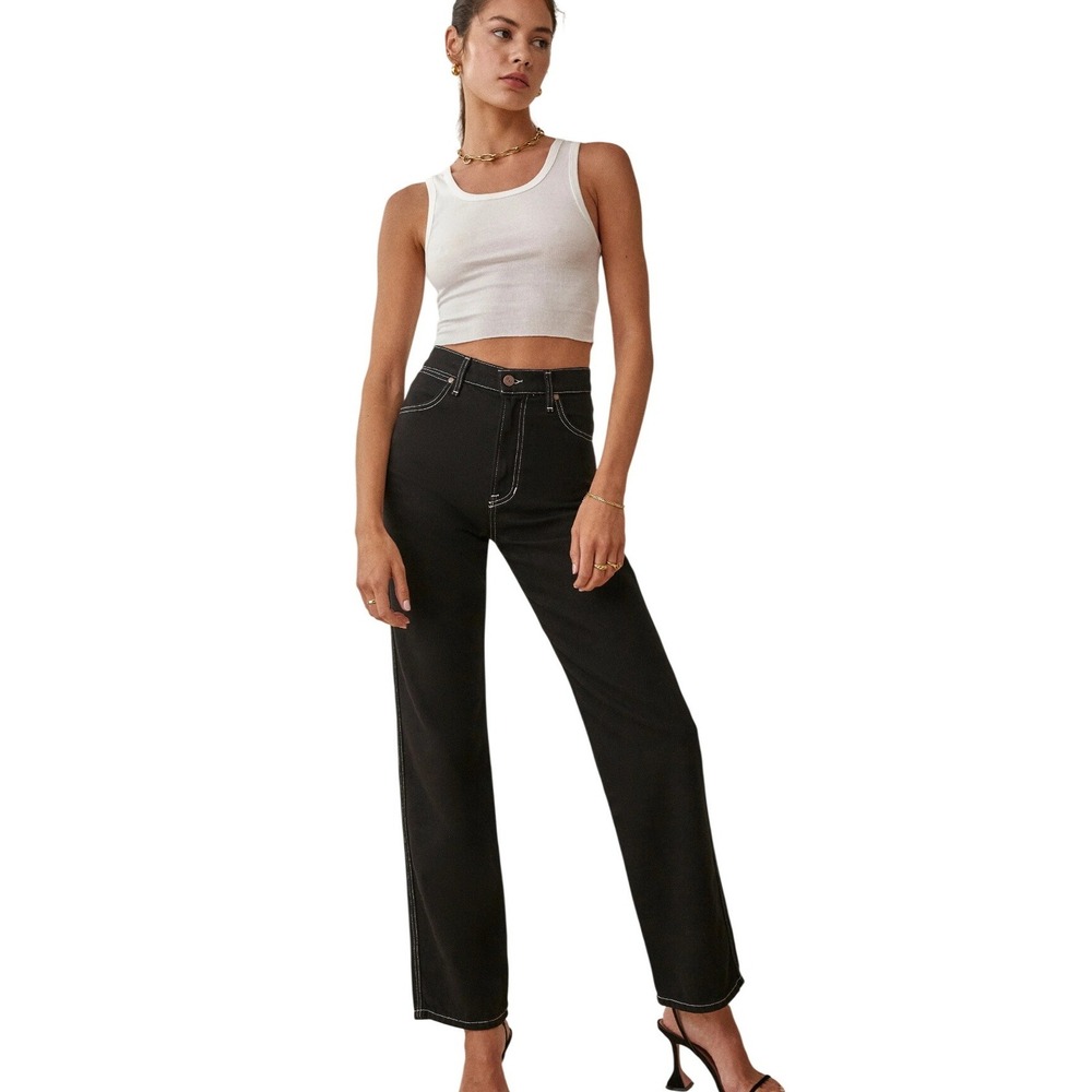 Reformation Black Straight Leg Jeans with White Contrast Stitching
